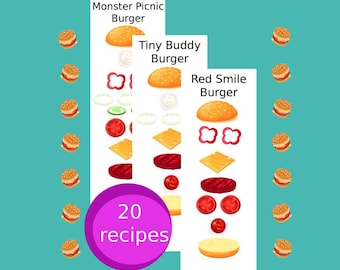 Build a Burger Game, Recipe Card Activity, Preschool Learning Game, Toddler Busy Bag, Sequencing Activity, Montessori Food Game