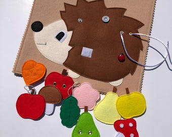Busy Board Hedgehog, Felt Pretend animal figure with fruit set, Buttoning Skills Toy, Buttoning Game, kids Activity Game, Fine Motor Skills