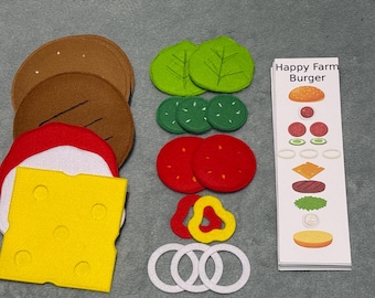 Felt Burger Toy Set with cards, Montessori Play Food, Pretend Kitchen Learning Toy, Busy Food Game, Felt Cheeseburger Restaurant Play Set