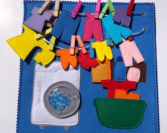 Quiet Book Washing Machine Toy – Felt Busy Book Page – Kids Laundry Game – Washing Machine Matching Set – Montessori Sensory Play