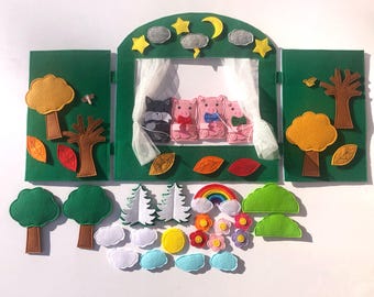 Puppet Theater for Kids, Double-Sided Waldorf Play Stand, Montessori Storytelling Set, Seasonal Theater Curtain with Trees and Decorations