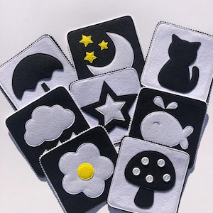 Livre à contraste élevé, histoire pour bébé en noir et blanc, jouet sensoriel pour nouveau-né avec images noires, blanches et jaunes, images contrastées Montessori, genre neutre
