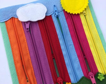 Zipper board, Activity book page, Personalized Felt quiet busy toddler book, Montessori toy, Sensory board, Rainbow 1-4 year sensory toys