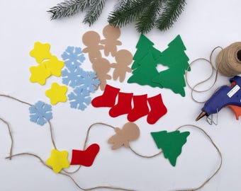 Felt Christmas Garland DIY Set, Christmas applique in Felt Holiday Home Decor, Felt Christmas garland, holiday Decoration, Kids DIY gift