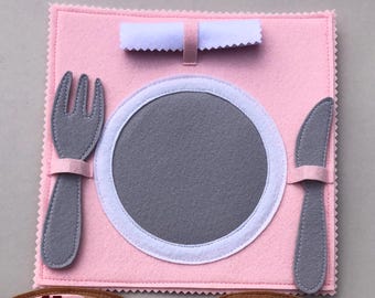 Felt Tableware Set for Kids, Pretend Play Kitchen Accessories, Felt Plate with Stand, Fork Spoon Napkin, Montessori Toy, Kitchen game
