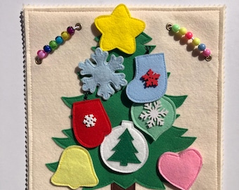 Toddler Christmas tree with 7 soft Felt toys for decoration, Christmas Themed Montessori Toys, Unique Christmas Gift, kids buckle busy board