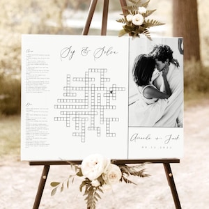 Wedding Crossword Puzzle with Photo Bridal Party Cocktail Hour Activity Game Sip & Solve Modern Minimalist Giant Crossword Wedding Sign Game