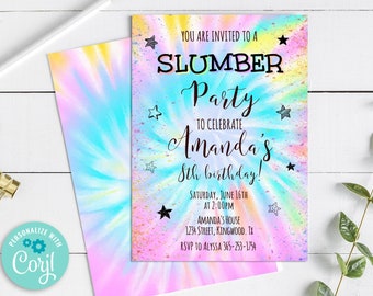 Slumber Party Invitation, Tie Dye Slumber Birthday Invitation Printable, Rainbow Sleepover Party Invite