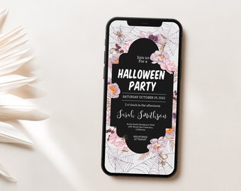 Halloween Party Electronic Invitation, Floral Spider Halloween Party Template, Spooky Halloween Party Evite, Autumn Halloween Party Invite