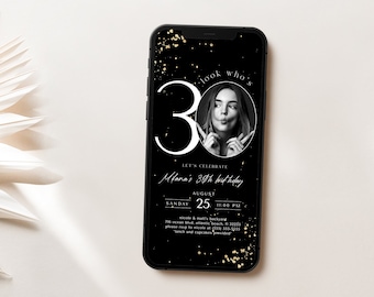 Black Gold 30th Birthday Electronic Invitation With Photo, Thirty Birthday Invitation Evite, Phone Email Text Message Adult Birthday Invite