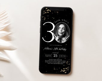 Black Gold 30th Birthday Electronic Invitation With Photo, Thirty Birthday Invitation Evite, Phone Email Text Message Adult Birthday Invite