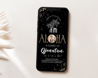 Tropical Aloha Birthday Electronic Invitation: Black & Gold Luau (Digital Phone Evite)