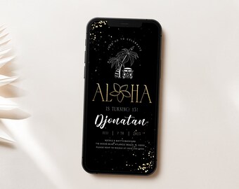 Tropical Aloha Birthday Electronic Invitation: Black & Gold (Digital Evite)