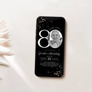 Black Gold 80th Birthday Electronic Invitation With Photo, Eighty Man Woman Neutral Photo Evite, Eightieth Party Editable Digital Text Sign