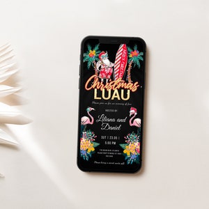 Elektronische kerstuitnodiging Luau, papierloze kerstmis in de zomerfeestavond, tropische kerstman kerstmis in juli digitale sms-berichtuitnodiging