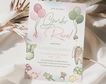 May include: A gender reveal invitation with watercolor illustrations of balloons, teddy bears, and baby items. The invitation text reads "Join us for a Gender Reveal" and includes event details, honoring Samanta & Jordan.
