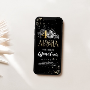 Tropical 40th Birthday Electronic Invitation with Photo Black Gold Summer Beach Aloha Luau 40 Anniversary Birthday Photo Evite Download File