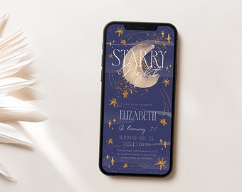 以下が含まれることがあります： 誕生日パーティーのデジタル招待状が表示されたスマートフォン。招待状には、濃い青色の背景に三日月と星が描かれています。テキストには「Starry Night」と「エリザベスは7歳になります」と書いてあります。