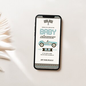 Race Car Baby Shower Invitation Electronic, Racing Baby Party Its a Boy Shower Digital Evite, Little Racer On The Way Editable Phone Sign