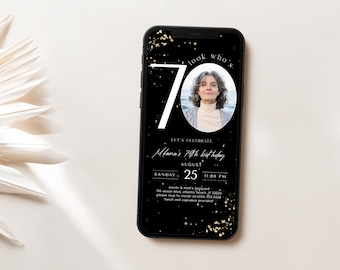Black and Gold 70th Birthday Photo Invitation (Digital Invite)