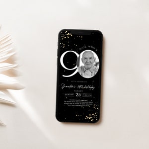 Black Gold 90th Birthday Electronic Invitation With Photo, Electronic Editable Ninety Years Party Unisex Evite Template, Adult Birthday Sign