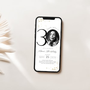 Invitación electrónica de cumpleaños número 30 con foto, invitación de texto para iPhone para ella o él, plantilla editable, signo de trigésimo cumpleaños en blanco y negro