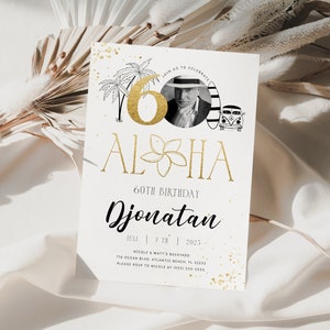 May include: A white invitation card with gold glitter accents. The card features a gold number "60" with palm trees and a surfboard. The text "Aloha" is written in gold letters. The text "60th Birthday" and "Jonatan" is written in black. The text "July 7, 2023" is written in black. The text "Nicole & Matt's Backyard" is written in black. The text "The Ocean Blvd, Atlantic Beach, FL 32233" is written in black. The text "Please RSVP to Nicole at (555) 555-5555" is written in black.