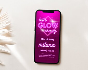 Neon Birthday Invitation: Pink Glow Party, Editable Evite (Digital Download)
