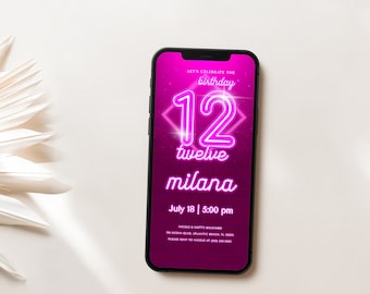Pink Neon 12th Birthday Invitation: Editable Digital Evite