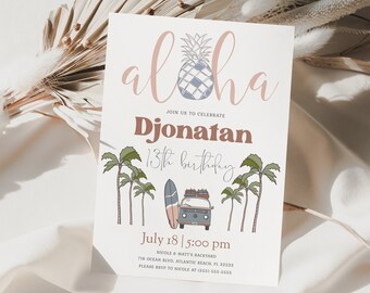 Tropical Aloha Birthday Invitation: Retro Surfboard Luau (Downloadable)