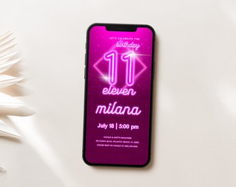 Pink Neon 11th Birthday Invitation: Glow Party Evite (Digital Download)