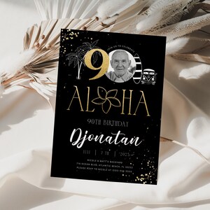 May include: Black and gold birthday invitation with a photo of a man and the text "90th Birthday Jonatan Jul 7 | 7pm | 2023 The Ocean Blue, A Man's Backyard,  Nicole Blvd, Atlantic Beach, FL 32233 Please RSVP to Nicole at (555) 555-5555"