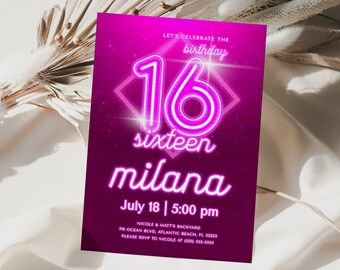 Pink Neon 16th Birthday Invitation: Let's Glow Crazy (Digital Download)