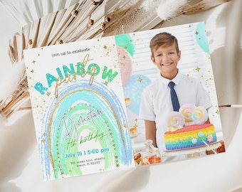 Rainbow Birthday Invitation with Picture: Editable Party Invite (Printable Template)