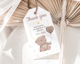 Teddy Bear Birthday Thank You Tag, Bear Baby Boy Or Girl Gift Tag Printable, Bear Balloons Baby First Birthday Party Favor Tag Download