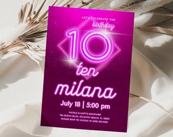 Pink Neon 10th Birthday Invitation: Editable Teen Party (Digital Download)