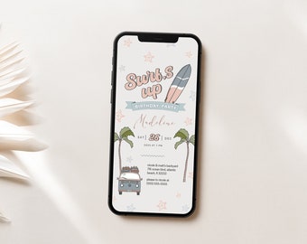 Surf Birthday Invitation Electronic Mobile Digital Editable Palm Trees Surfing Party Evite Download Vintage Van Beach Birthday Party Invite
