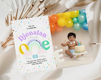 Rainbow First Birthday Invitation with Photo: Editable Pastel Colors (Digital Template)