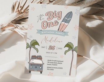 Surf Big One First Birthday Invitation Beach 1st Birthday Invitation Editable Template Big One Surfing Party Invite Retro Surfboard and Car