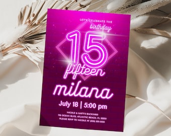 Pink Neon 15th Birthday Invitation: Editable Glow Party (Digital Download)