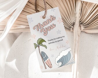 Surf Birthday Thank You Tag Editable Little Surfer Gift Tags Printable Templates Retro Beach Thank You Tags The Big One Surfing Party Favors