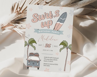 Surf Birthday Invitation Any Age Kids Retro Van Surfs Up Waves Ocean Beach Party Invitation Download Template Surfing Birthday Party Invite