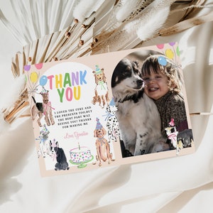 Cartão de agradecimento de aniversário para cachorro com foto: Pet Pawty editável (download digital)