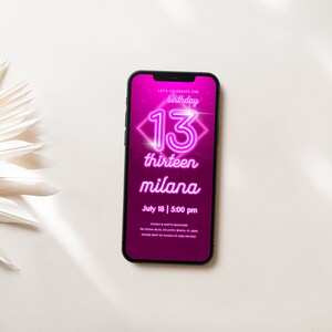 Pink Neon 13th Birthday Electronic Invitation Girls Glow Birthday Party Evite Editable Template Neon Light Text Message Digital Invitation