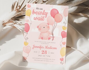 Teddy Bear Girl Baby Shower Invitation: Editable Balloon Design (Digital Download)