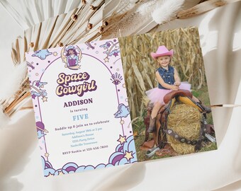 Space Cowgirl Birthday Invitation With Photo, Western Rustic Style Spice Girl B-day Invite Template, Editable Space Rodeo Photo Invitation