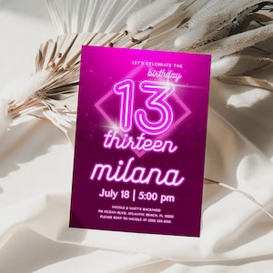 Pink Neon 13th Birthday Invitation Glow Crazy Neon Theme Party Invitation Teen Girls Neon Light Glow Birthday Party Invite Download Template