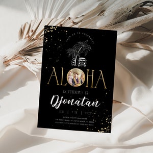May include: Black and gold birthday invitation with the text "ALOHA" and "IS TURNING 15!"  The invitation also includes the name "Djonatan", the date "JULY 7TH, 2021", and the location "WICOLE & MAPY'S BACKYARD, THE OCEAN BIVD, ATLANTIC BEACH, FL 32233".