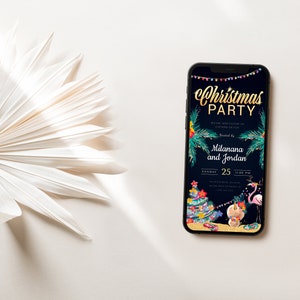 Elektronische uitnodiging tropische kerstfeest, kerst Luau telefoonuitnodiging, digitale uitnodiging Flamingle bewerkbaar, kerst Luau Evite