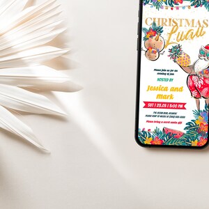 Elektronische kerstuitnodiging Luau, kerst Luau-feest digitale sms Evite, kerstfeest Hawaiian Beach Party-bord bewerkbaar direct